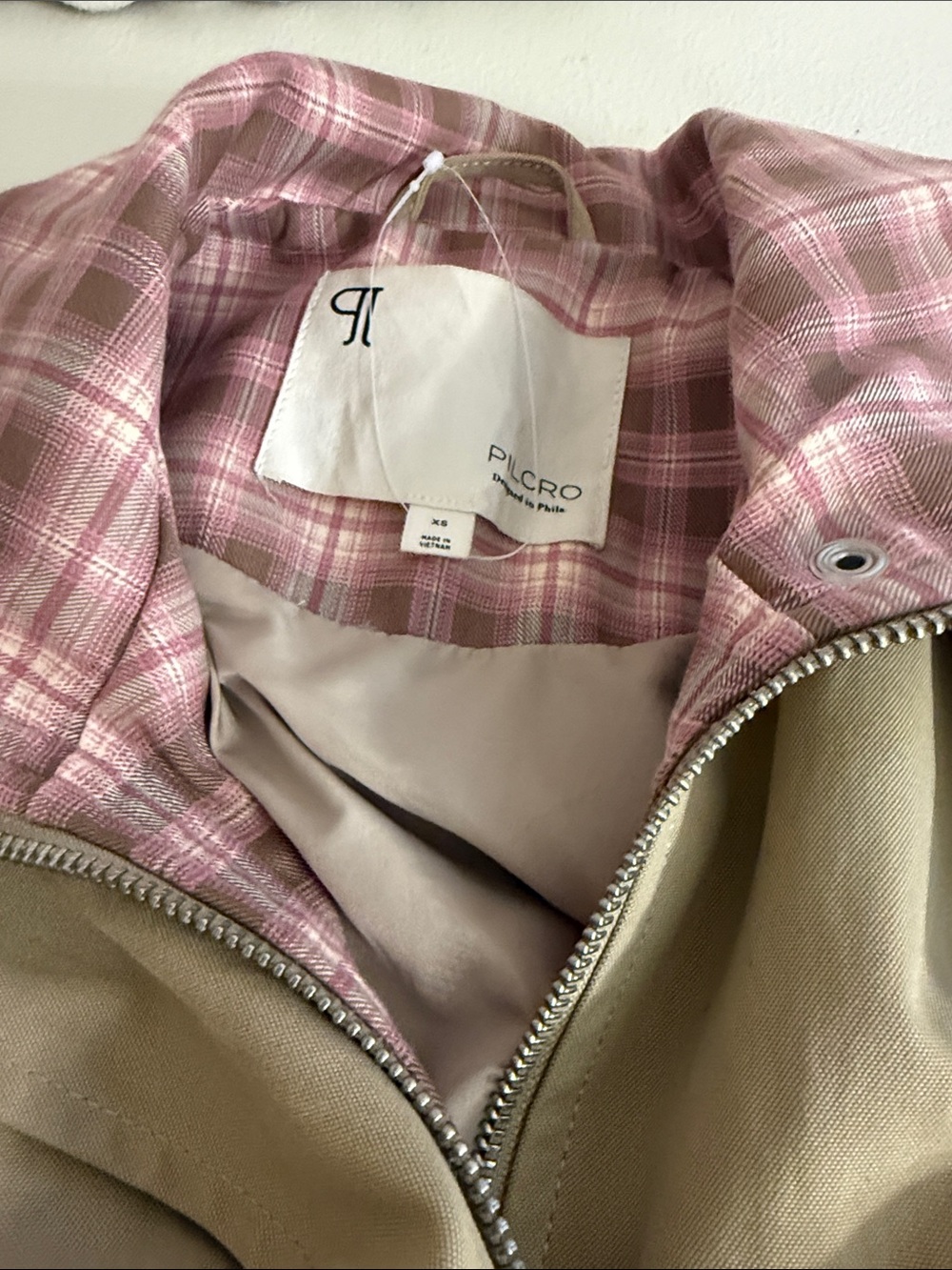 Pilcro Beige Jacket with Pink Plaid Trim - Picture 2 of 4